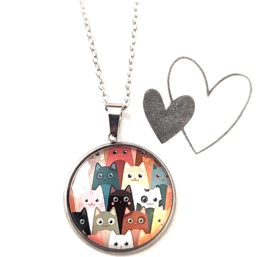 Cartoon Cats Theme Hand Crafted Stainless Steel Charm and Necklace